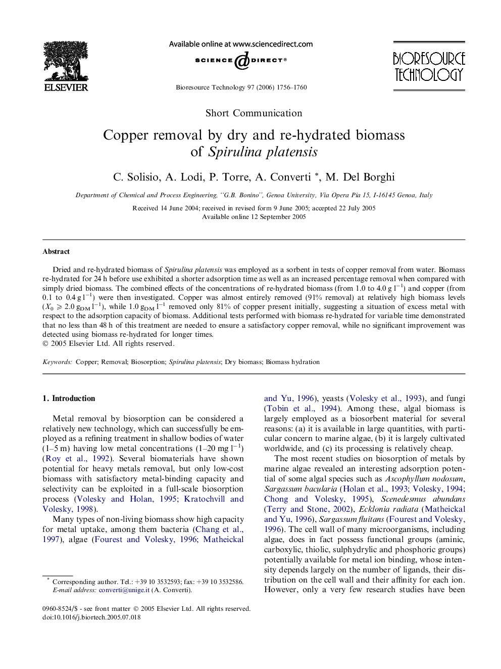 Copper removal by dry and re-hydrated biomass of Spirulina platensis