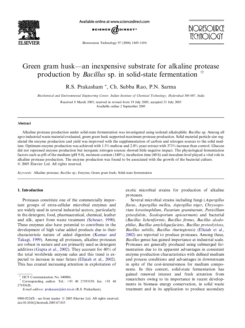 Green gram husk—an inexpensive substrate for alkaline protease production by Bacillus sp. in solid-state fermentation 