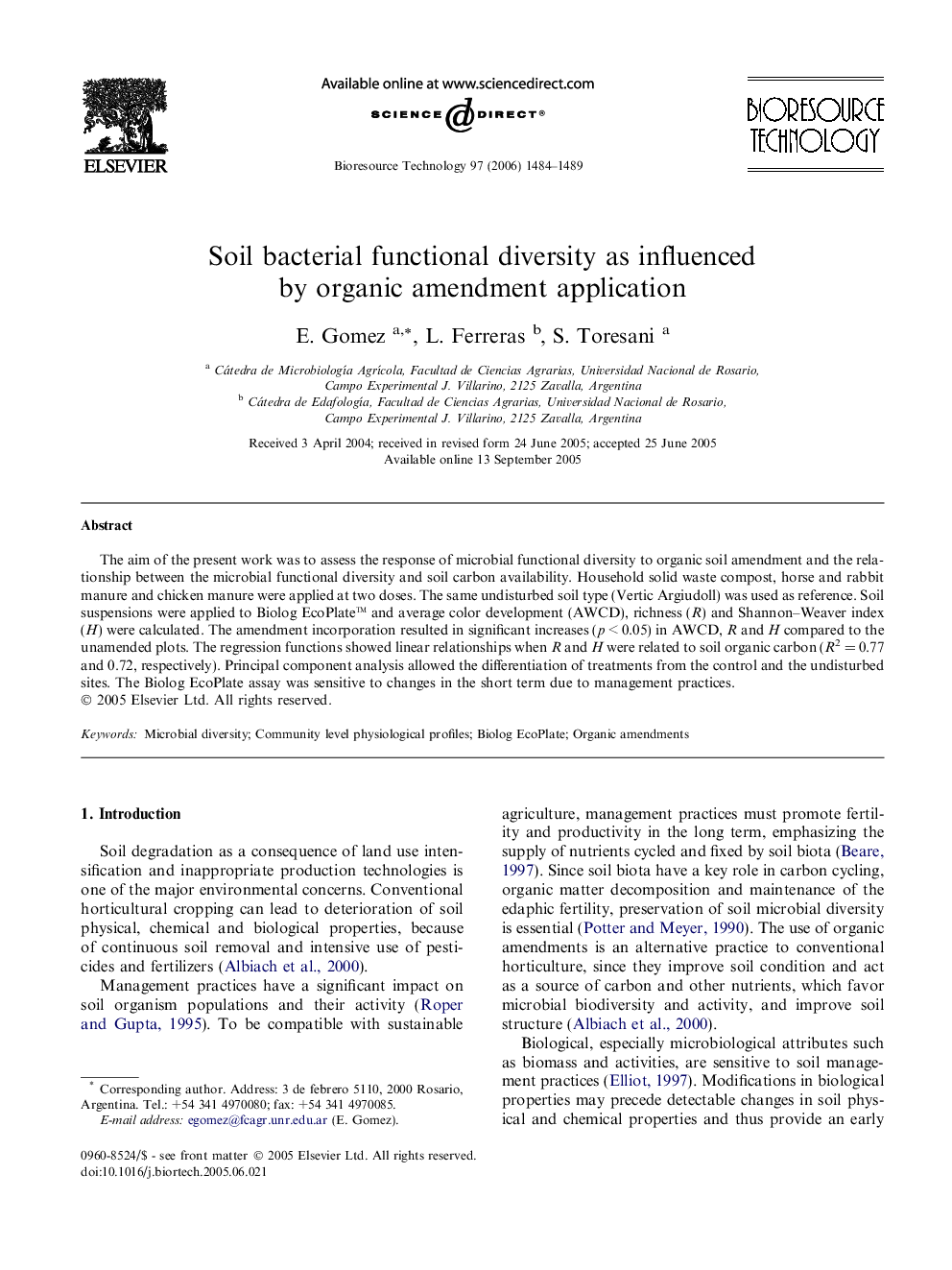 Soil bacterial functional diversity as influenced by organic amendment application