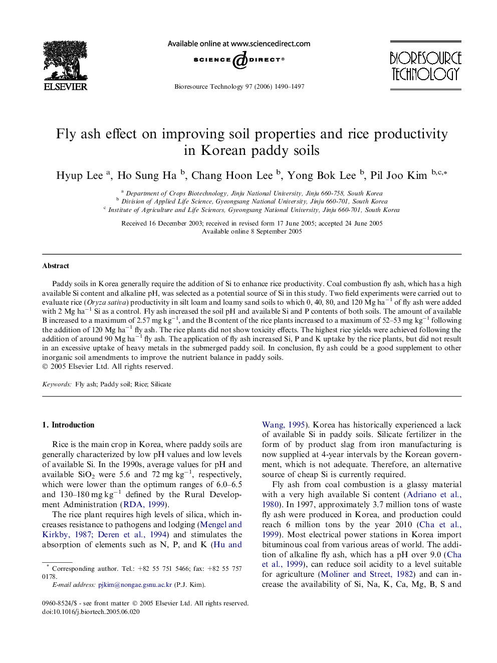 Fly ash effect on improving soil properties and rice productivity in Korean paddy soils