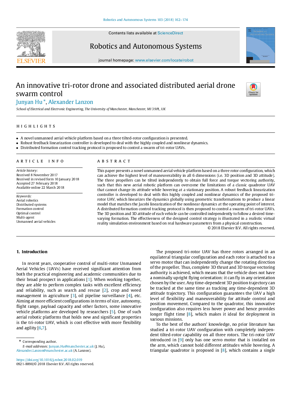 An innovative tri-rotor drone and associated distributed aerial drone swarm control