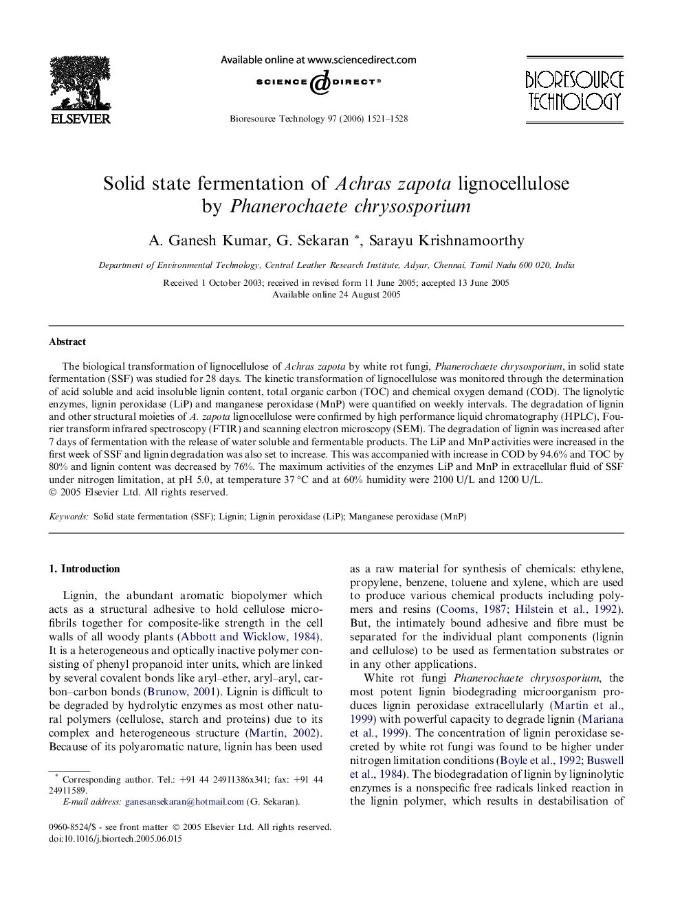 عکس صفحه اول مقاله: Solid state fermentation of Achras zapota lignocellulose by Phanerochaete chrysosporium Solid state fermentation of Achras zapota lignocellulose by Phanerochaete chrysosporium