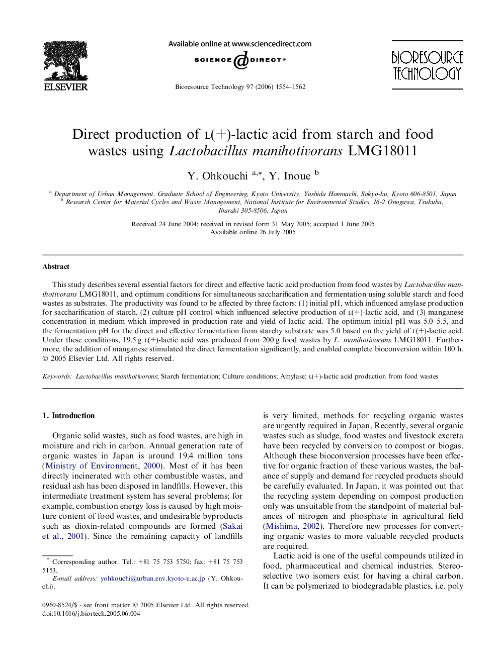 عکس صفحه اول مقاله: Direct production of l(+)-lactic acid from starch and food wastes using Lactobacillus manihotivorans LMG18011 Direct production of l(+)-lactic acid from starch and food wastes using Lactobacillus manihotivorans LMG18011