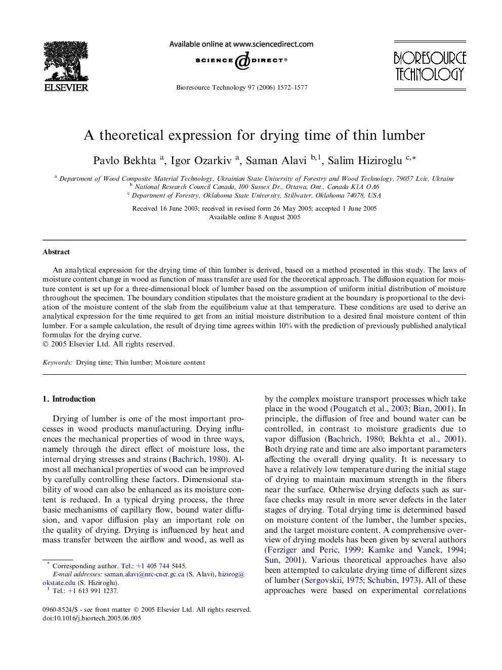 A theoretical expression for drying time of thin lumber