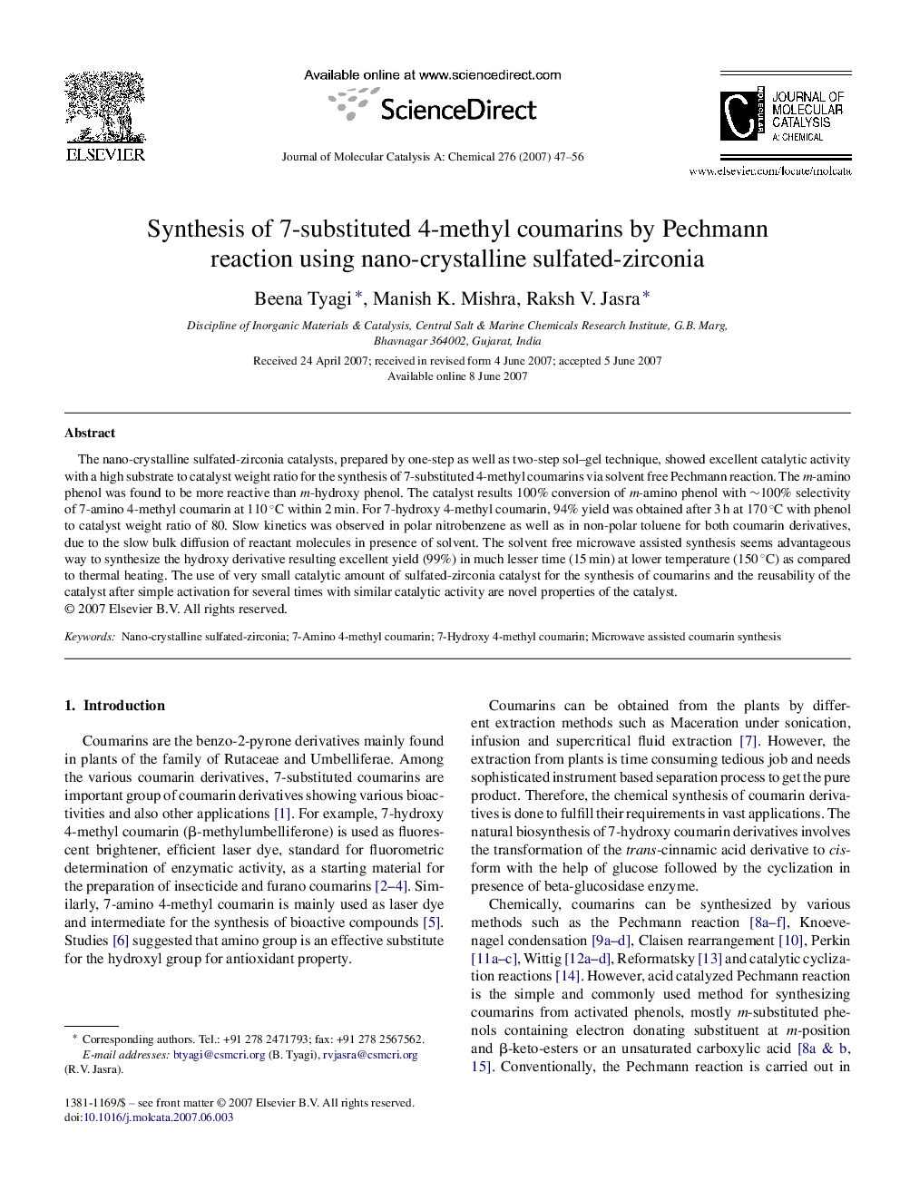 عکس صفحه اول مقاله: Synthesis of 7-substituted 4-methyl coumarins by Pechmann reaction using nano-crystalline sulfated-zirconia Synthesis of 7-substituted 4-methyl coumarins by Pechmann reaction using nano-crystalline sulfated-zirconia