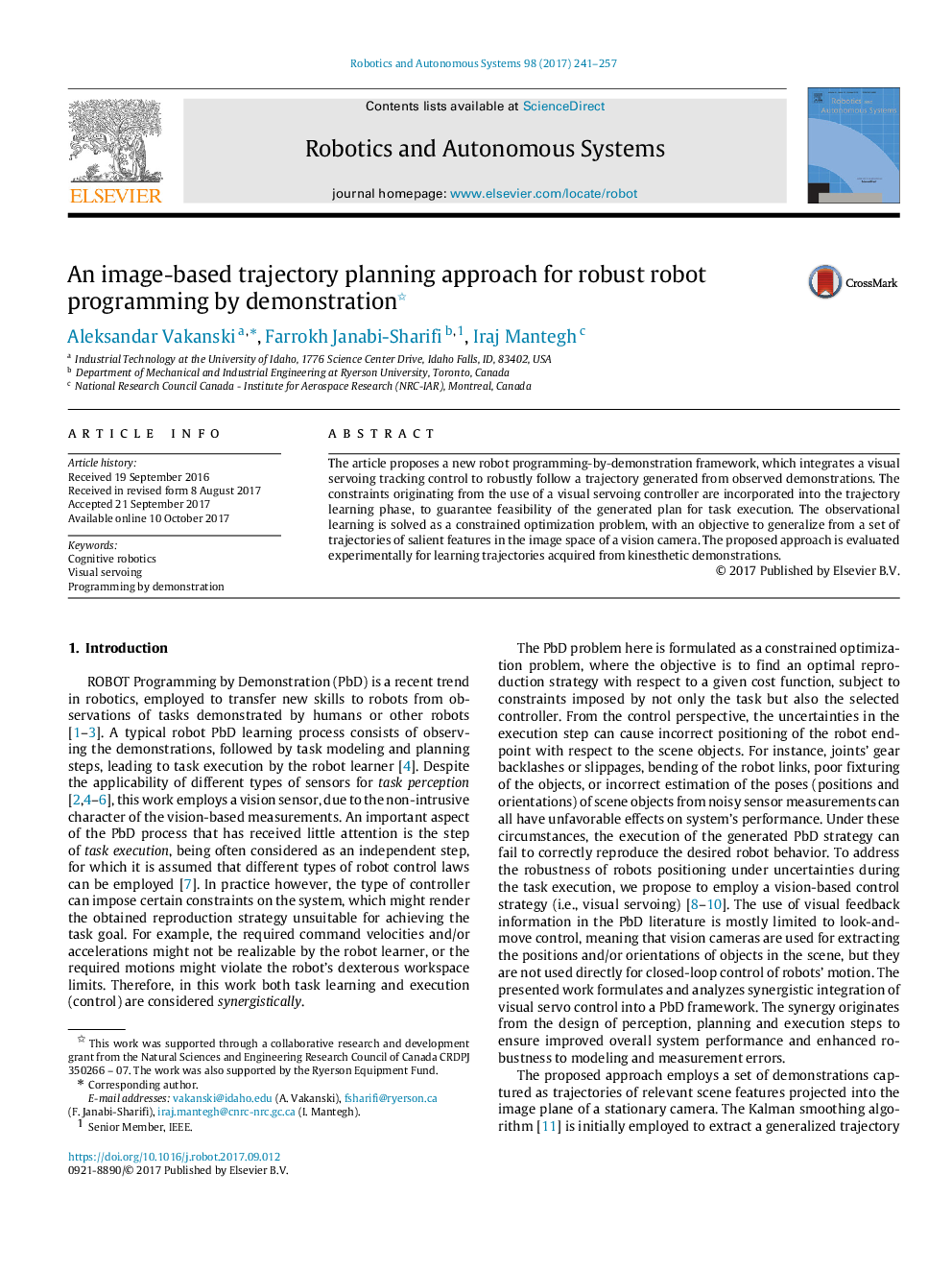 An image-based trajectory planning approach for robust robot programming by demonstration