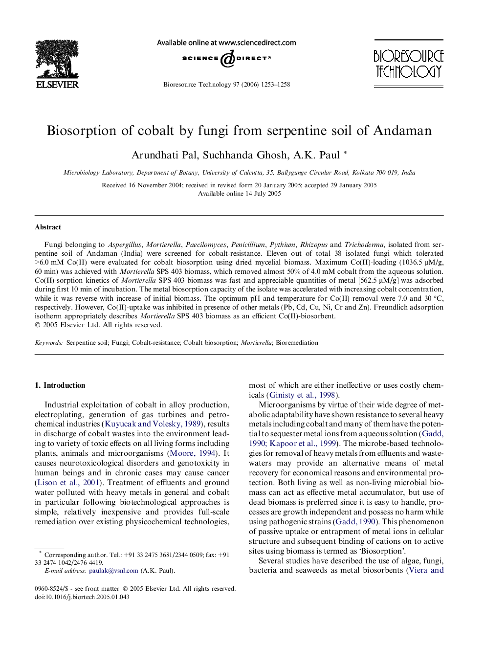 Biosorption of cobalt by fungi from serpentine soil of Andaman