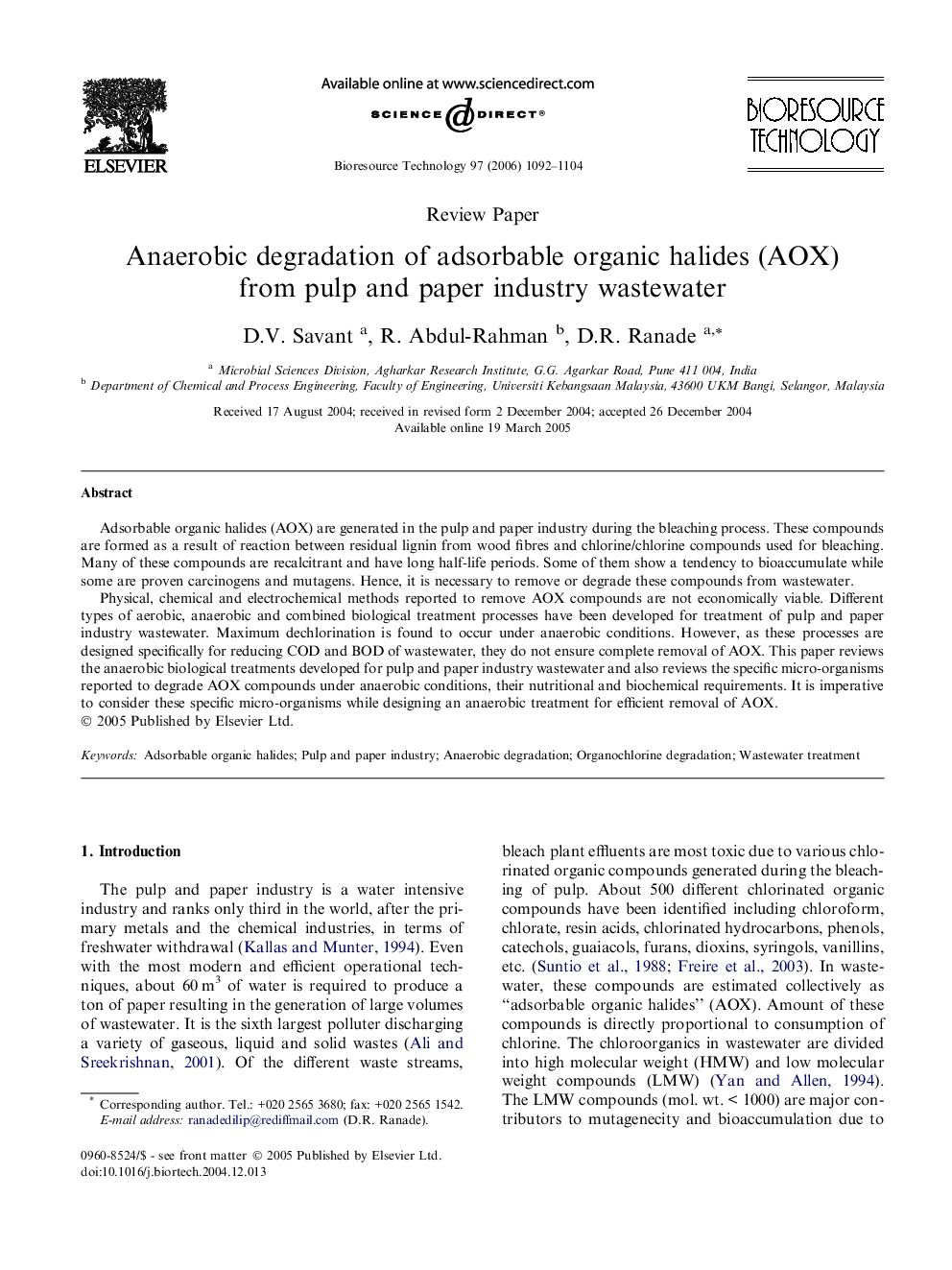 Anaerobic degradation of adsorbable organic halides (AOX) from pulp and paper industry wastewater