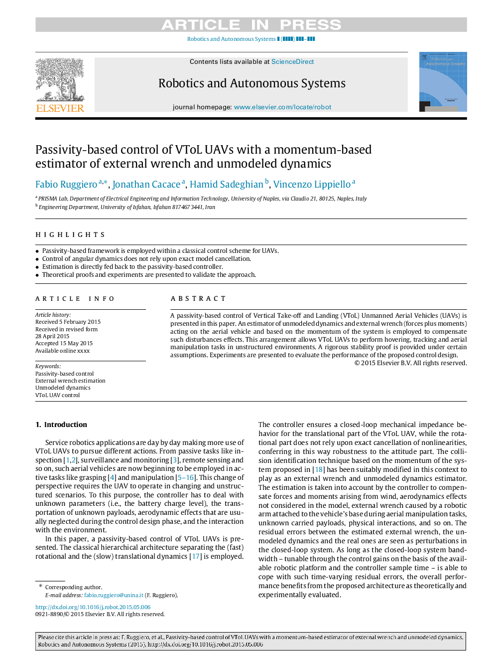 Passivity-based control of VToL UAVs with a momentum-based estimator of external wrench and unmodeled dynamics