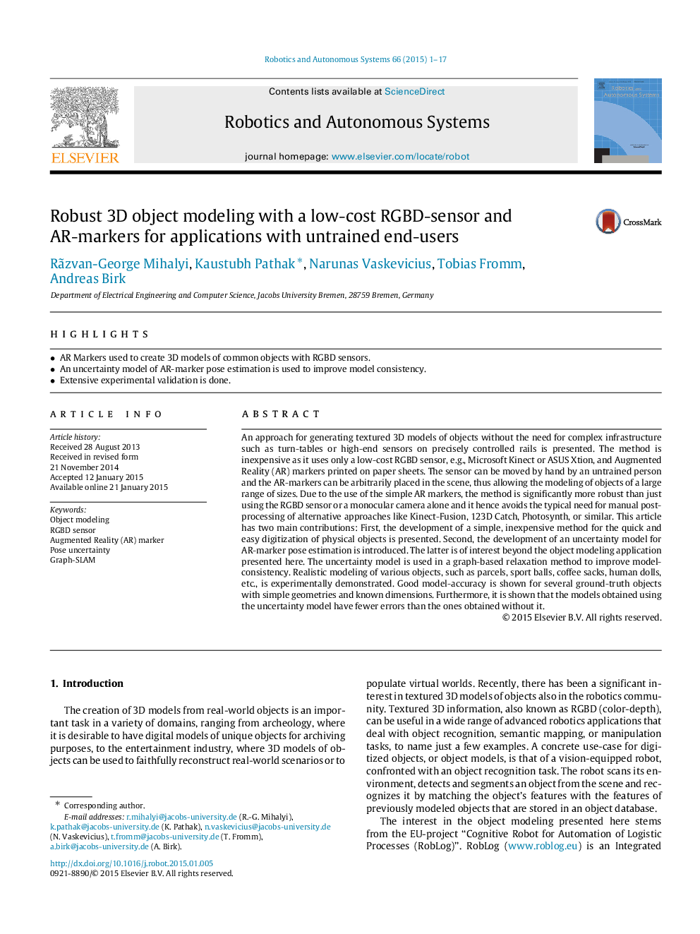 Robust 3D object modeling with a low-cost RGBD-sensor and AR-markers for applications with untrained end-users