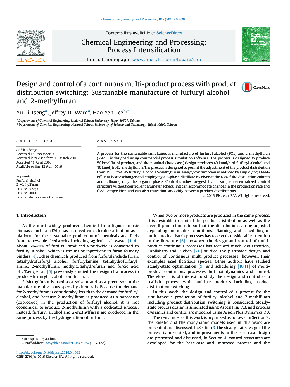 Design and control of a continuous multi-product process with product distribution switching: Sustainable manufacture of furfuryl alcohol and 2-methylfuran