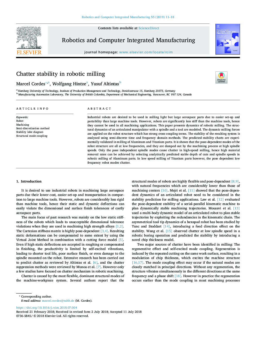 Chatter stability in robotic milling