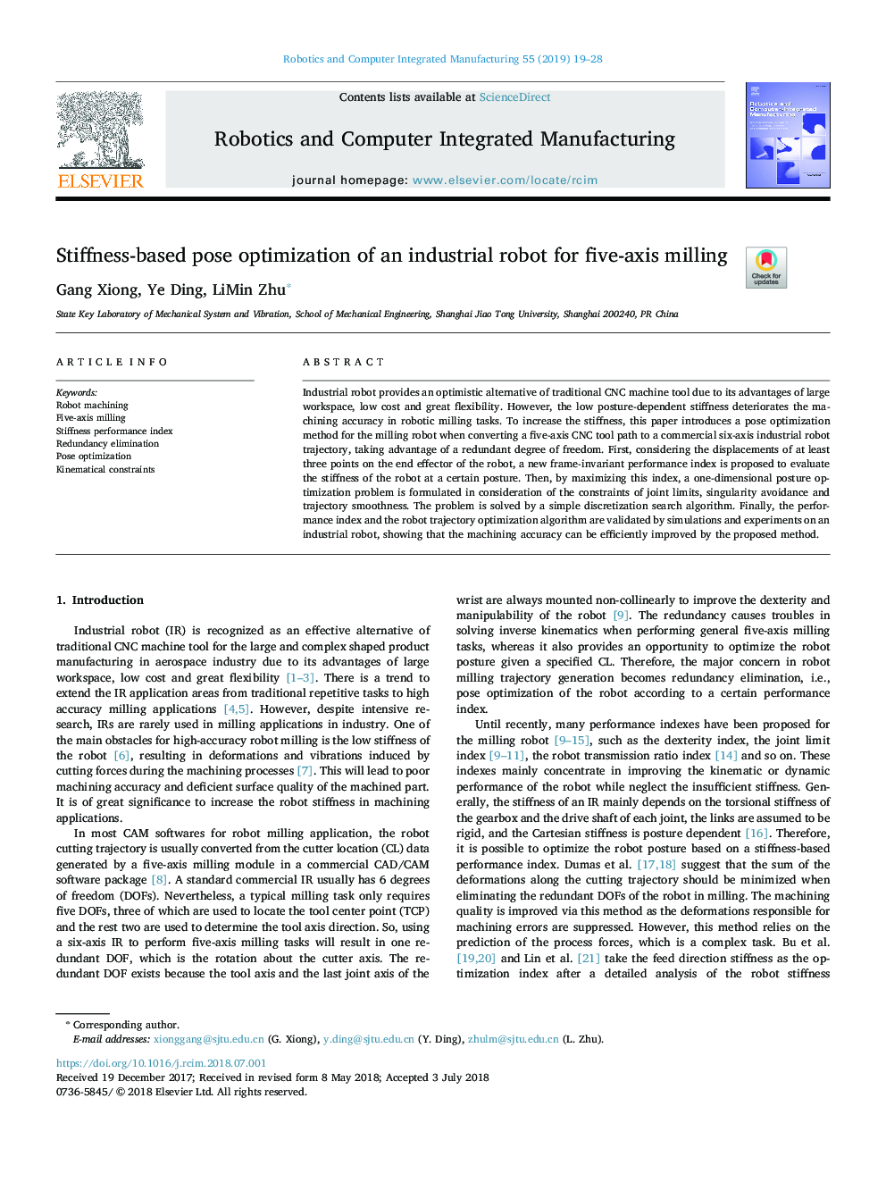 Stiffness-based pose optimization of an industrial robot for five-axis milling