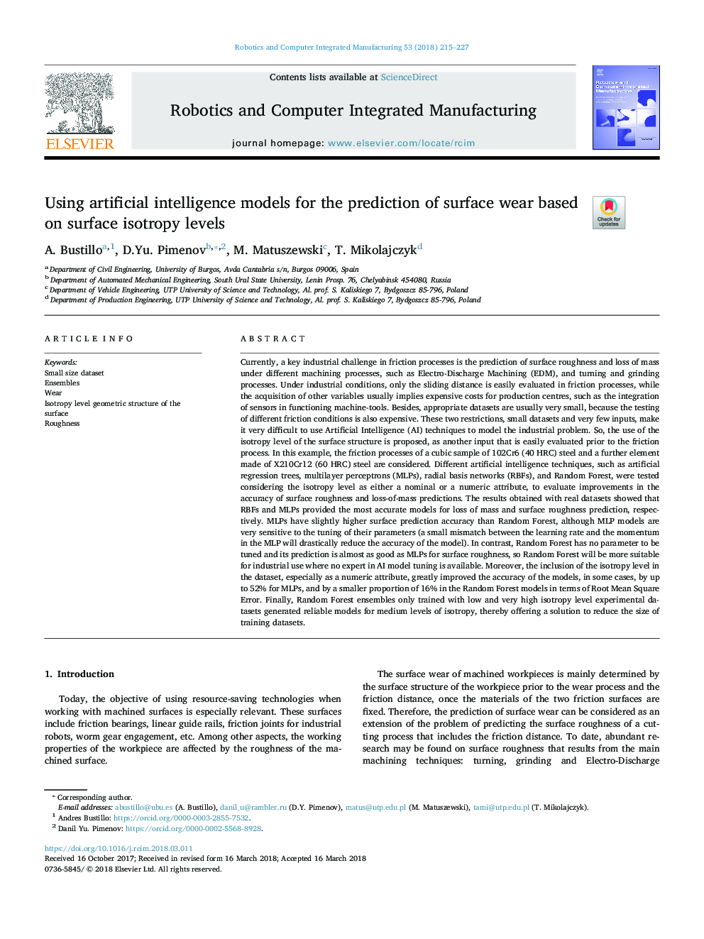 Using artificial intelligence models for the prediction of surface wear based on surface isotropy levels