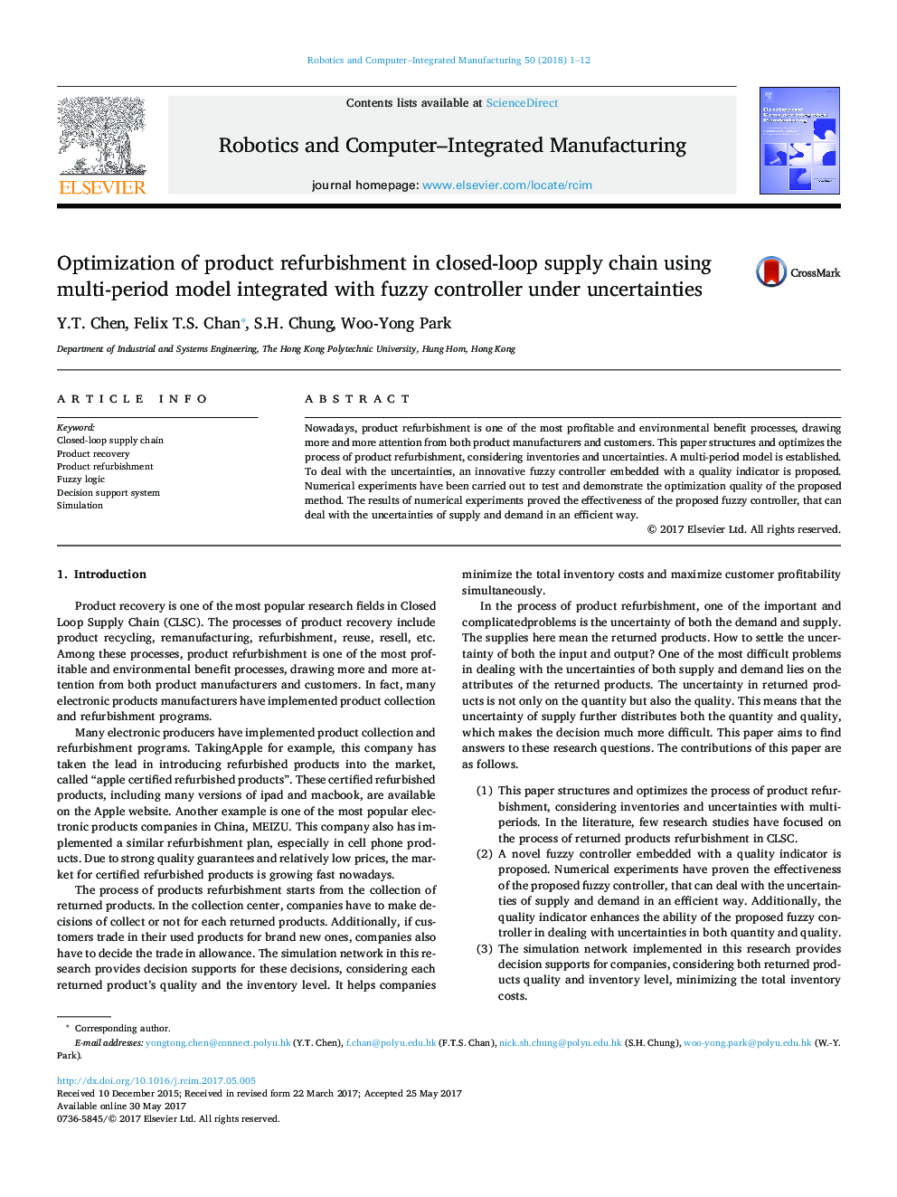 Optimization of product refurbishment in closed-loop supply chain using multi-period model integrated with fuzzy controller under uncertainties