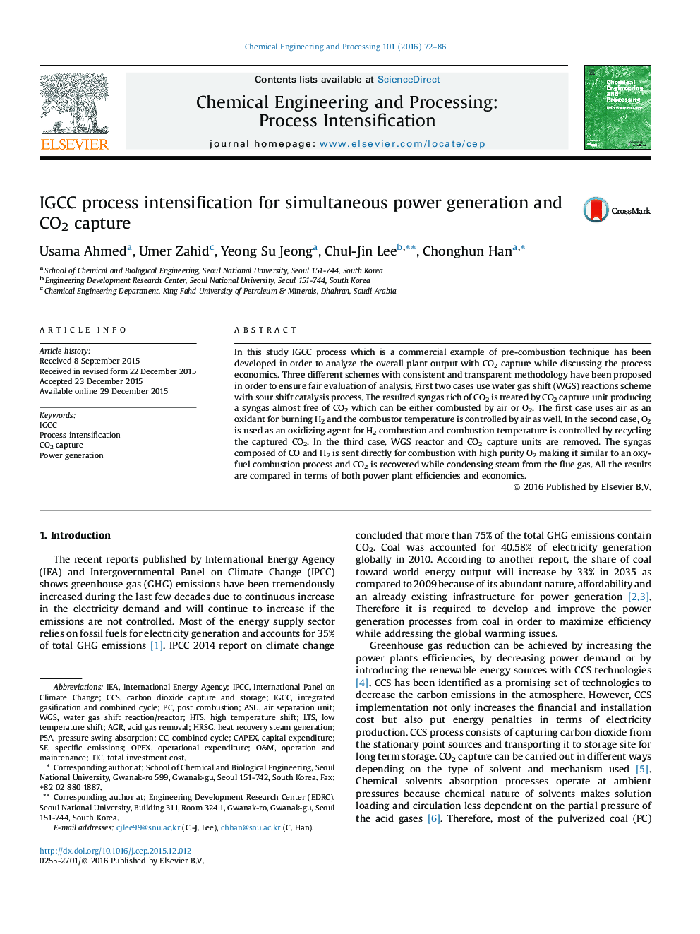 IGCC process intensification for simultaneous power generation and CO2 capture