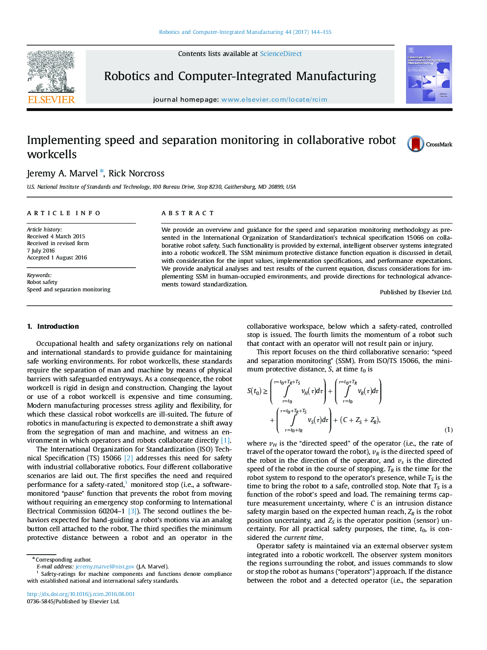 Implementing speed and separation monitoring in collaborative robot workcells