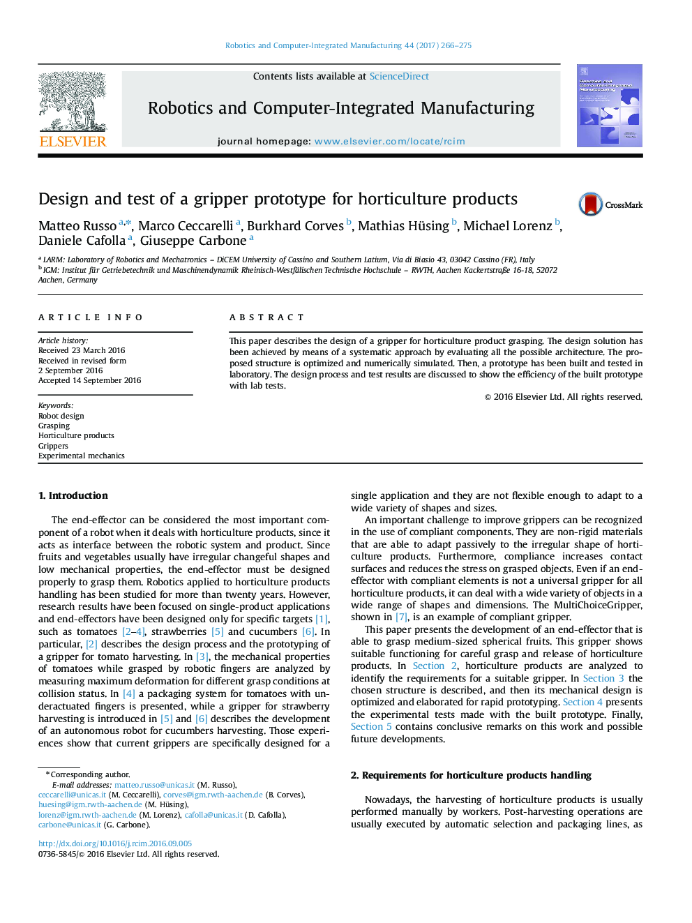 Design and test of a gripper prototype for horticulture products