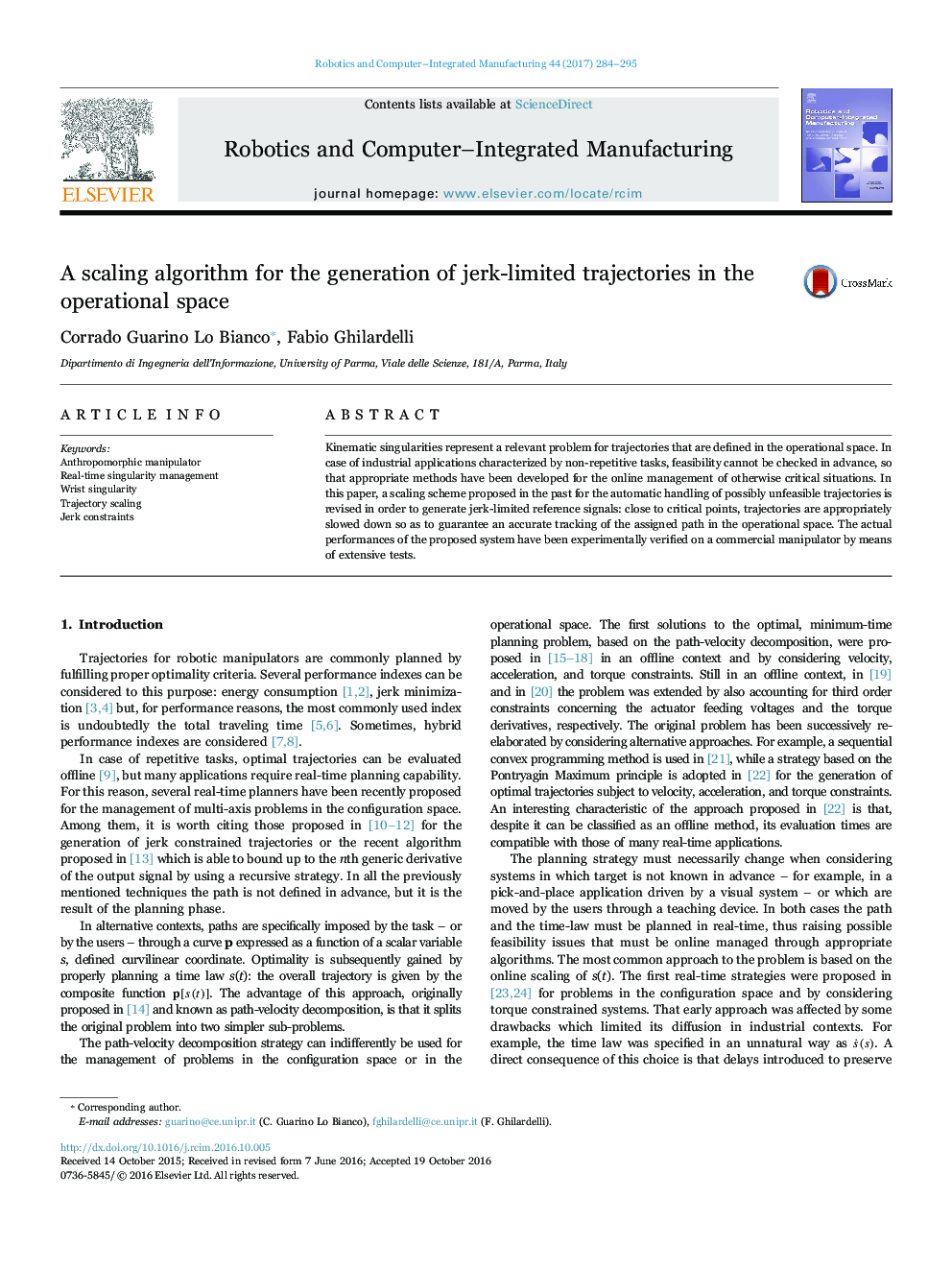 A scaling algorithm for the generation of jerk-limited trajectories in the operational space