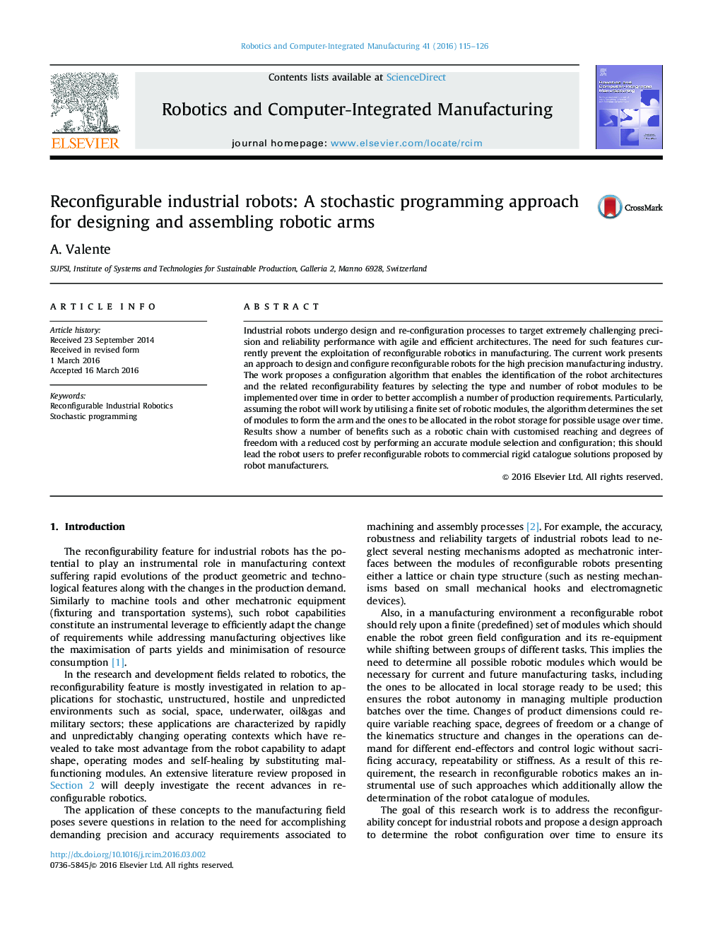 Reconfigurable industrial robots: A stochastic programming approach for designing and assembling robotic arms