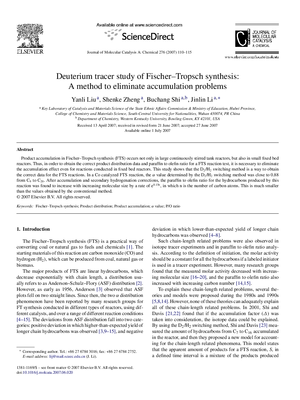 Deuterium tracer study of Fischer–Tropsch synthesis: A method to eliminate accumulation problems