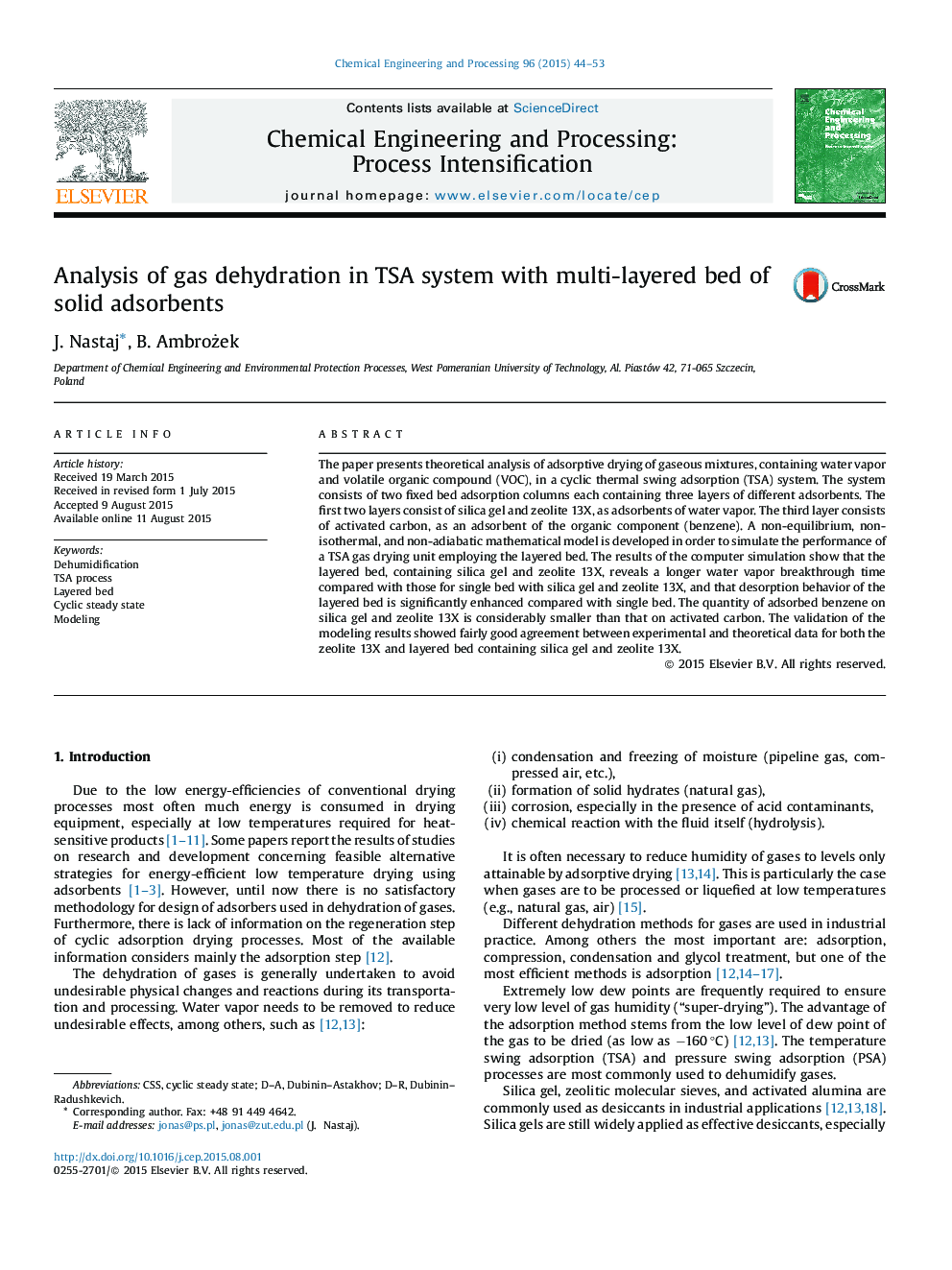 Analysis of gas dehydration in TSA system with multi-layered bed of solid adsorbents