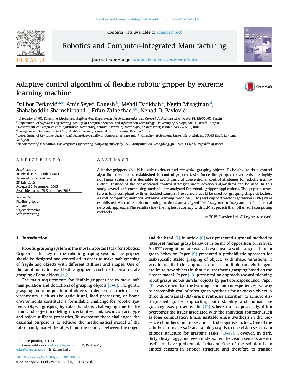 Adaptive control algorithm of flexible robotic gripper by extreme learning machine