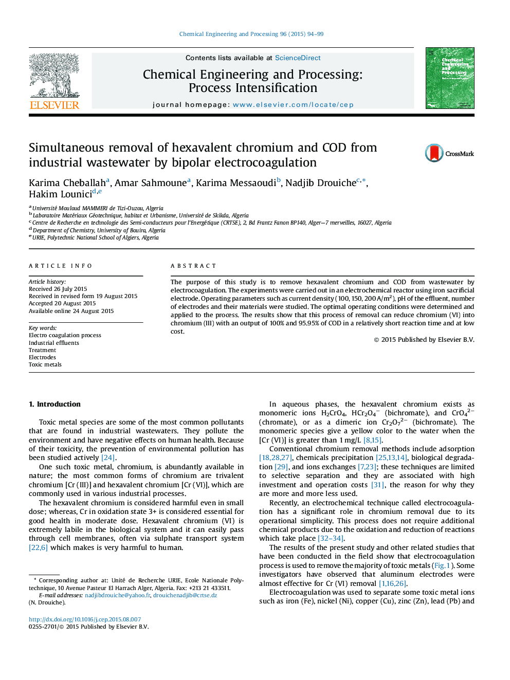 Simultaneous removal of hexavalent chromium and COD from industrial wastewater by bipolar electrocoagulation