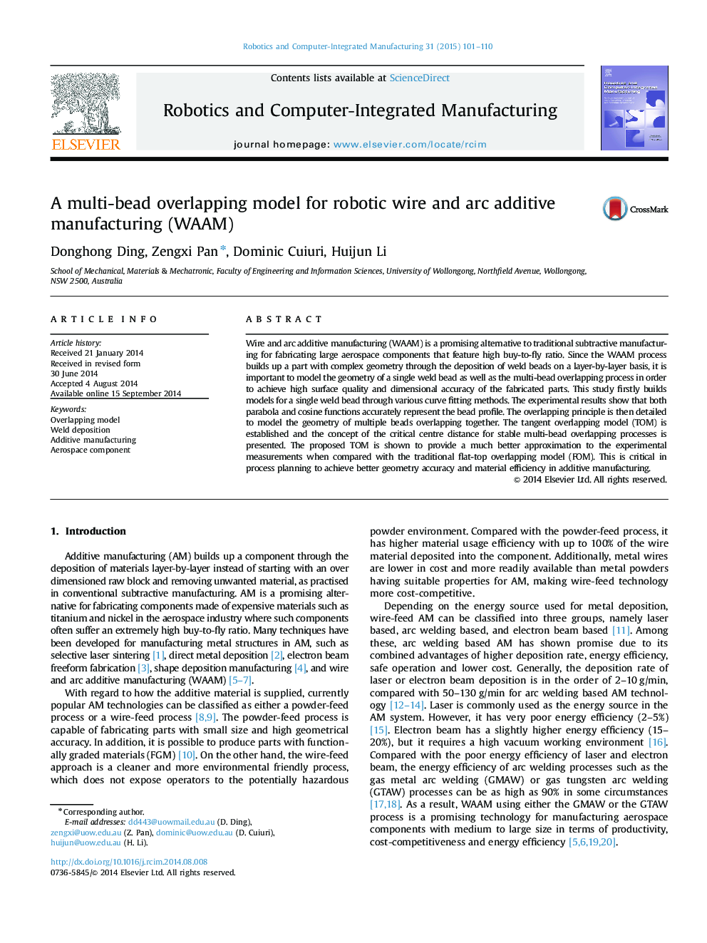 A multi-bead overlapping model for robotic wire and arc additive manufacturing (WAAM)