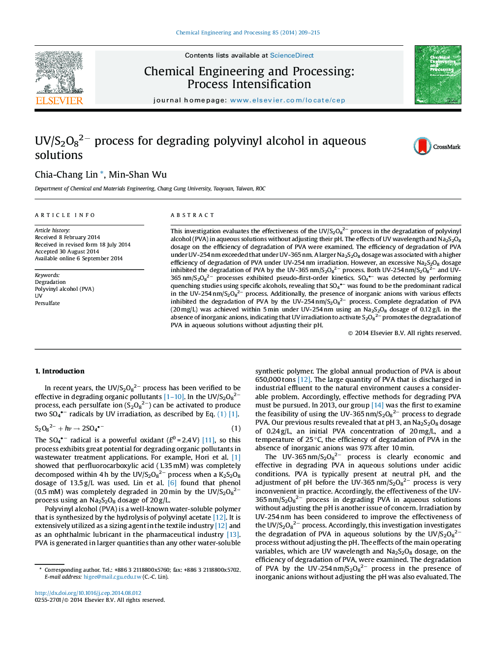 UV/S2O82− process for degrading polyvinyl alcohol in aqueous solutions