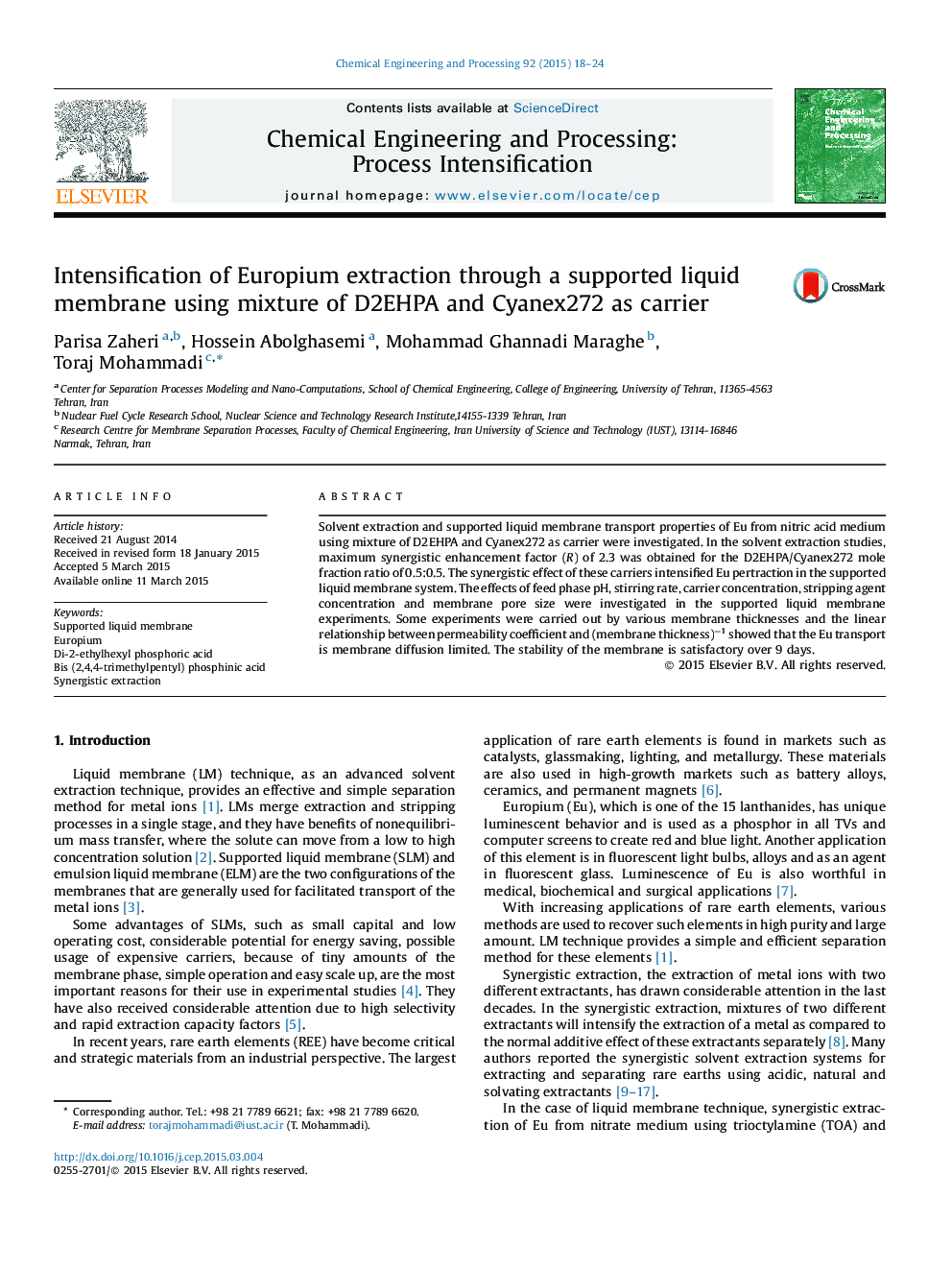 Intensification of Europium extraction through a supported liquid membrane using mixture of D2EHPA and Cyanex272 as carrier