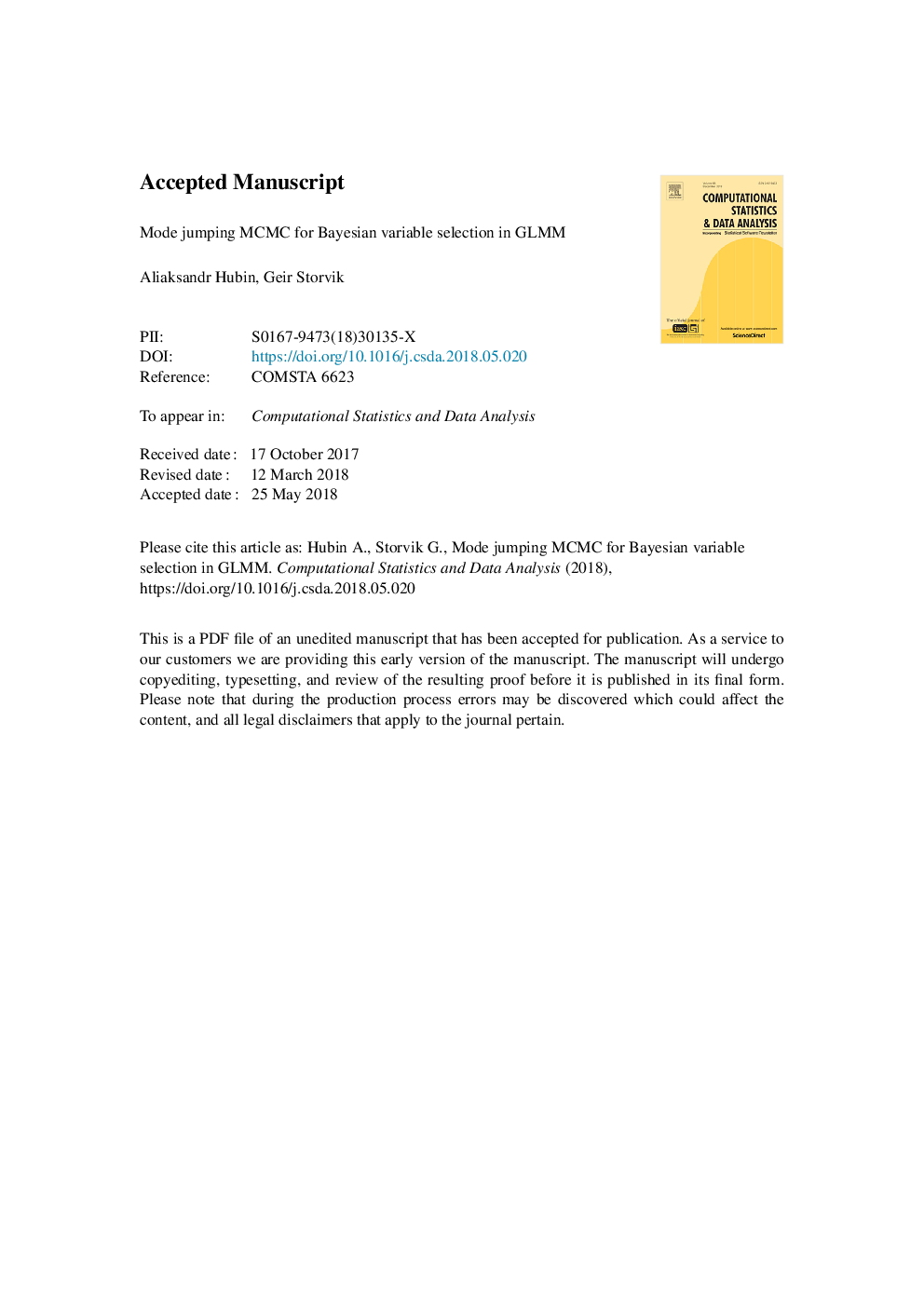 عکس صفحه اول مقاله: Mode jumping MCMC for Bayesian variable selection in GLMM Mode jumping MCMC for Bayesian variable selection in GLMM