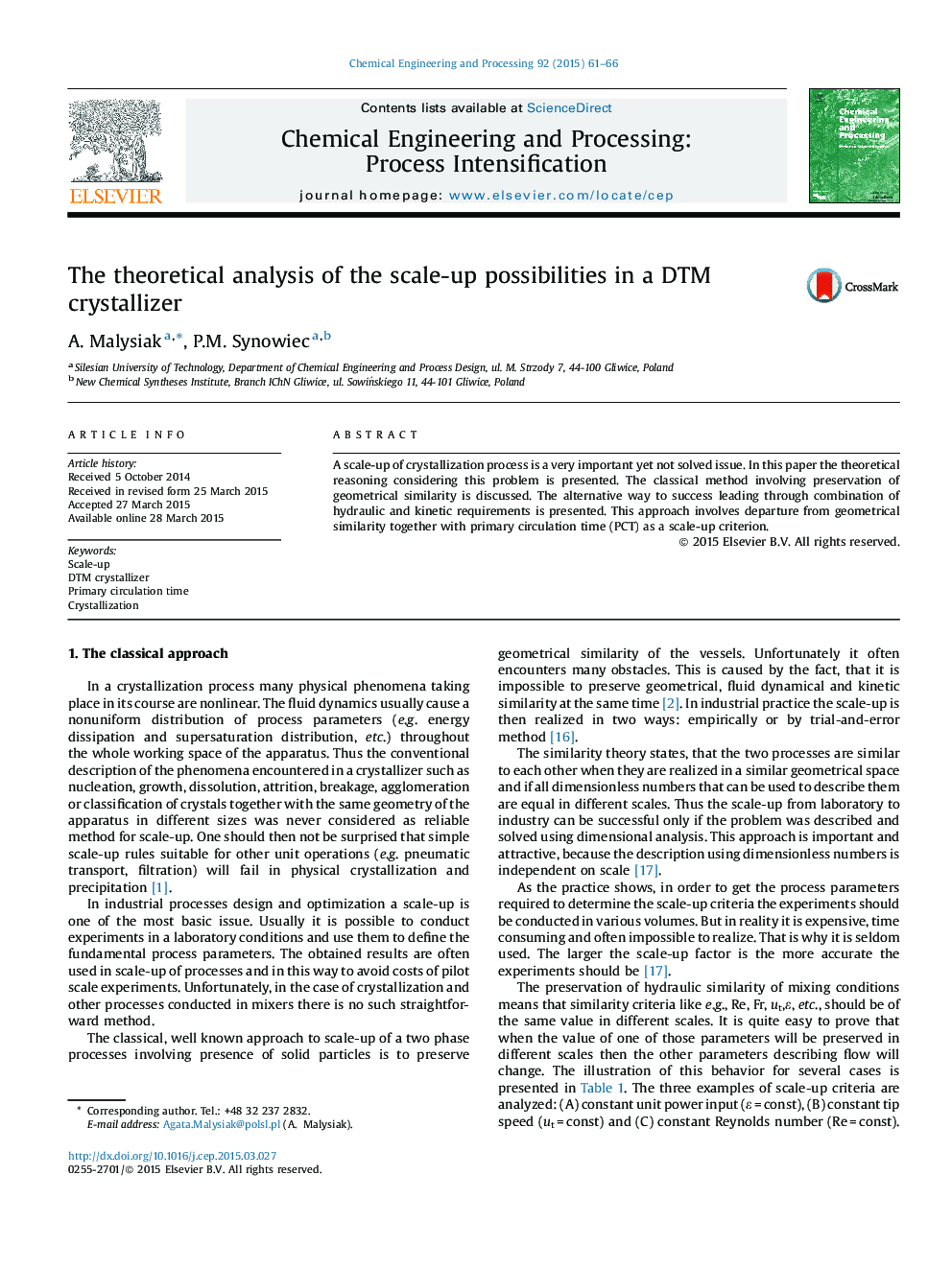 عکس صفحه اول مقاله: The theoretical analysis of the scale-up possibilities in a DTM crystallizer The theoretical analysis of the scale-up possibilities in a DTM crystallizer