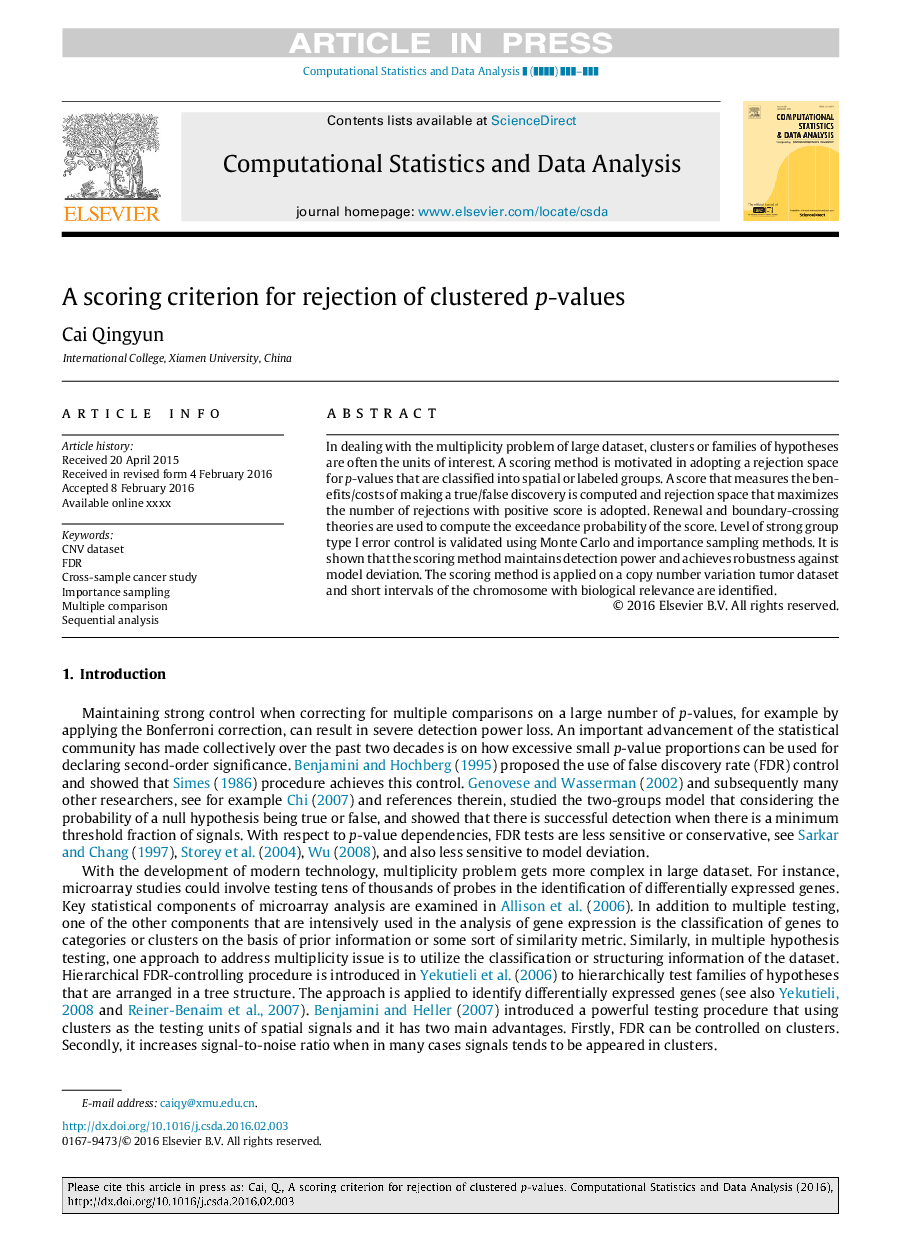 A scoring criterion for rejection of clustered p-values