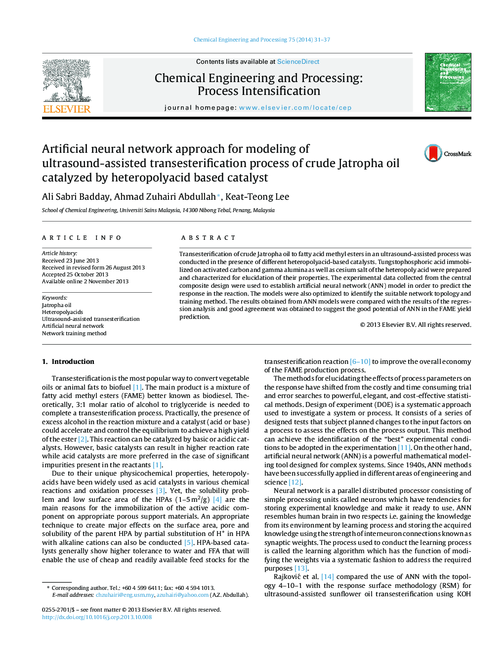 Artificial neural network approach for modeling of ultrasound-assisted transesterification process of crude Jatropha oil catalyzed by heteropolyacid based catalyst