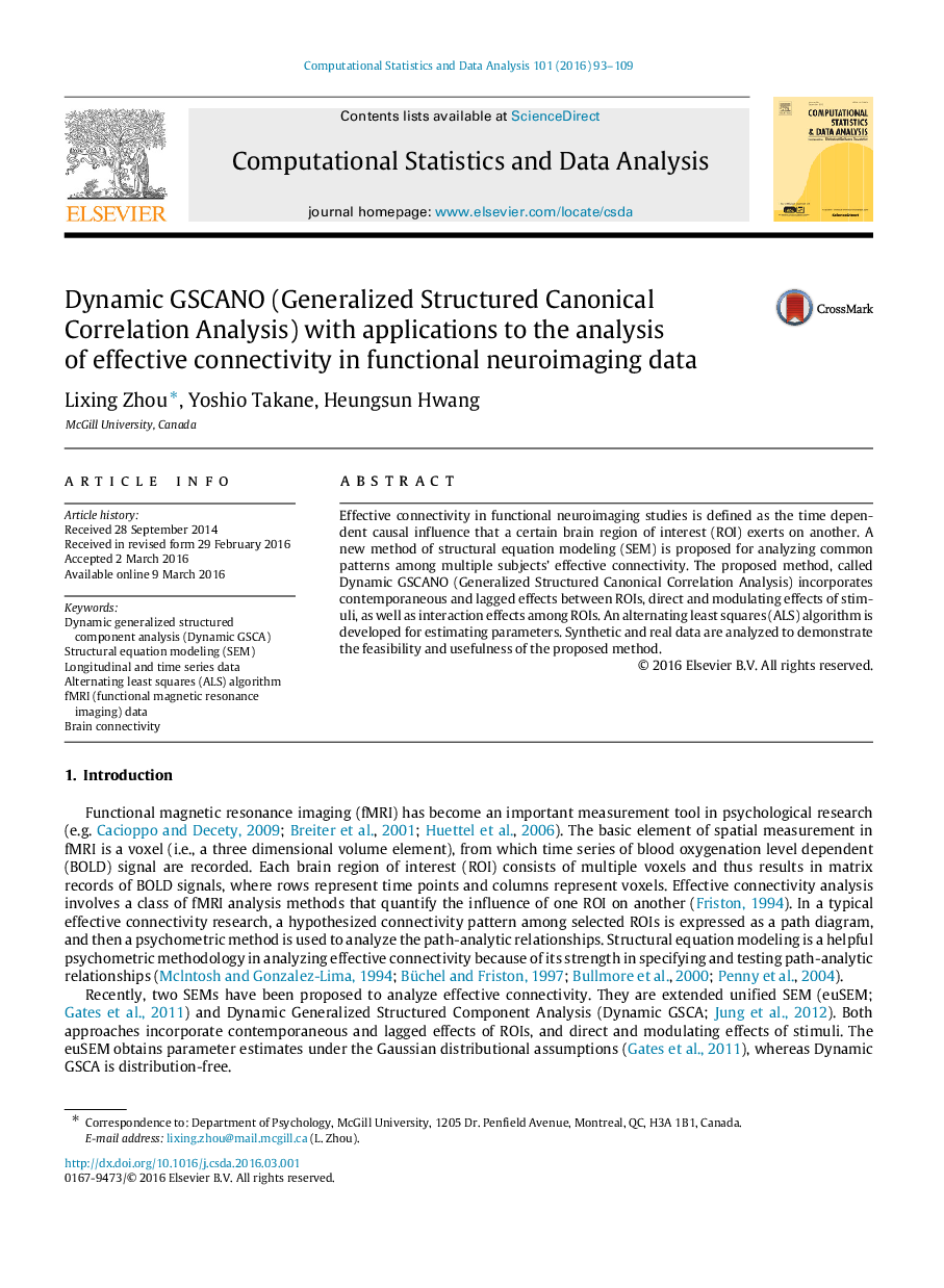 Dynamic GSCANO (Generalized Structured Canonical Correlation Analysis) with applications to the analysis of effective connectivity in functional neuroimaging data