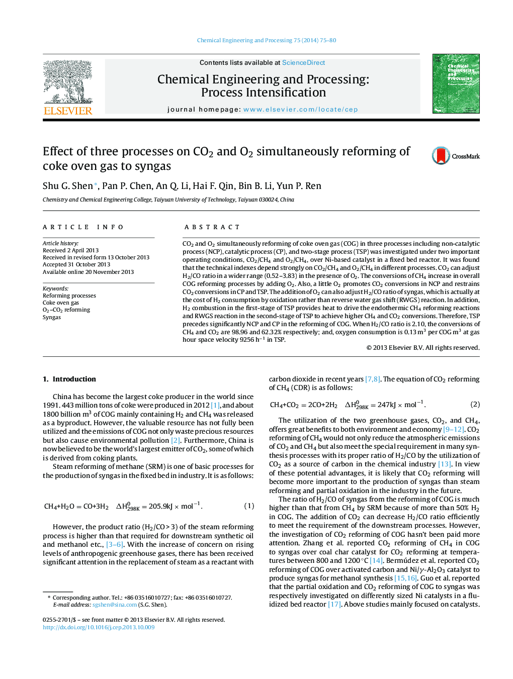 Effect of three processes on CO2 and O2 simultaneously reforming of coke oven gas to syngas