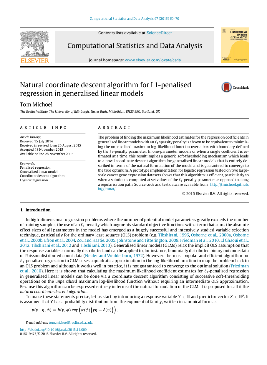 عکس صفحه اول مقاله: Natural coordinate descent algorithm for L1-penalised regression in generalised linear models Natural coordinate descent algorithm for L1-penalised regression in generalised linear models