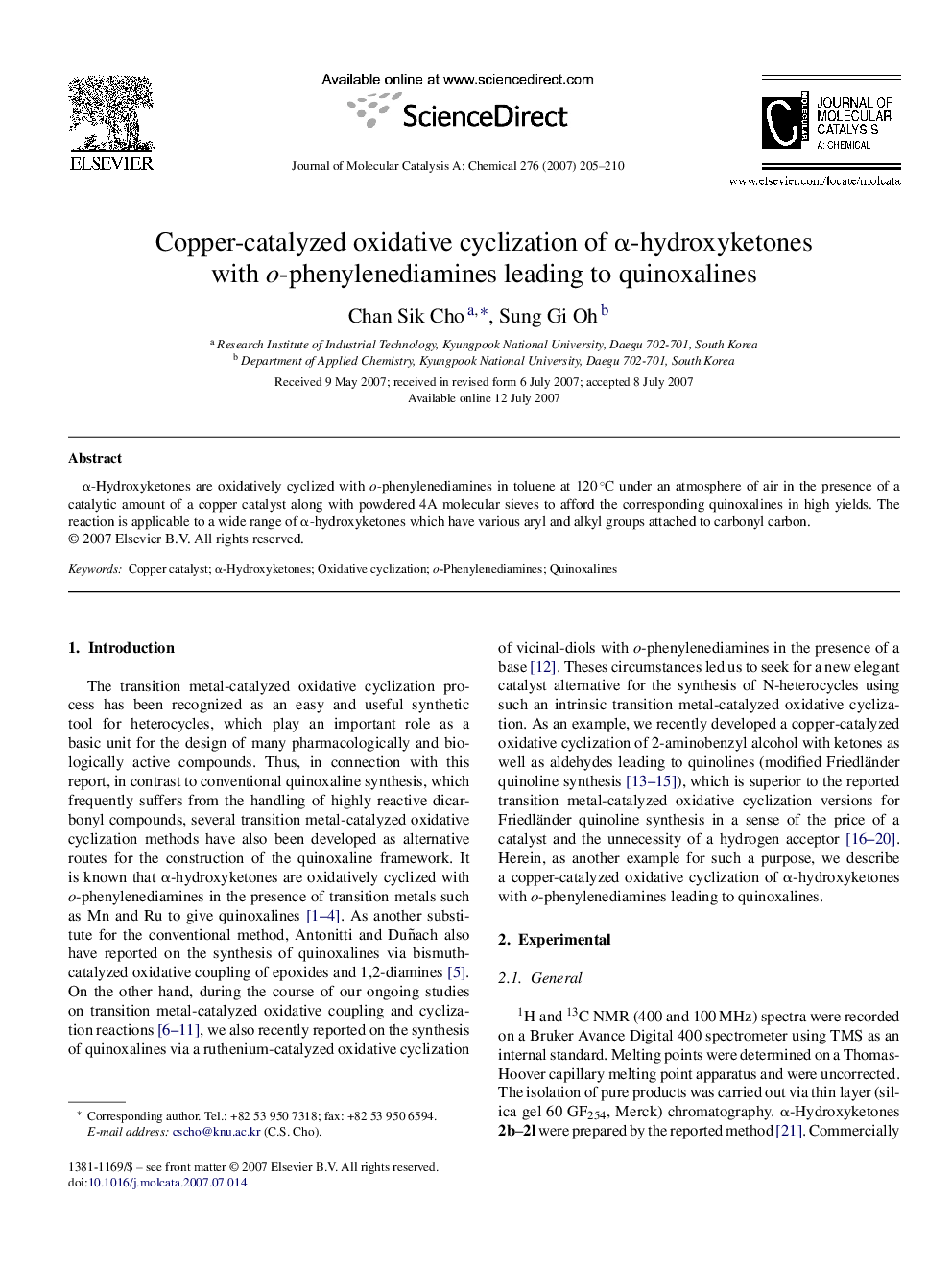 Copper-catalyzed oxidative cyclization of α-hydroxyketones with o-phenylenediamines leading to quinoxalines