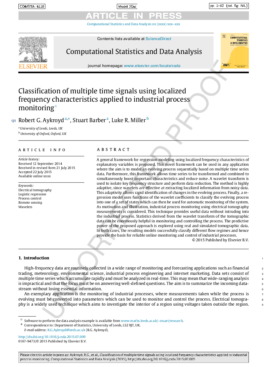 Classification of multiple time signals using localized frequency characteristics applied to industrial process monitoring