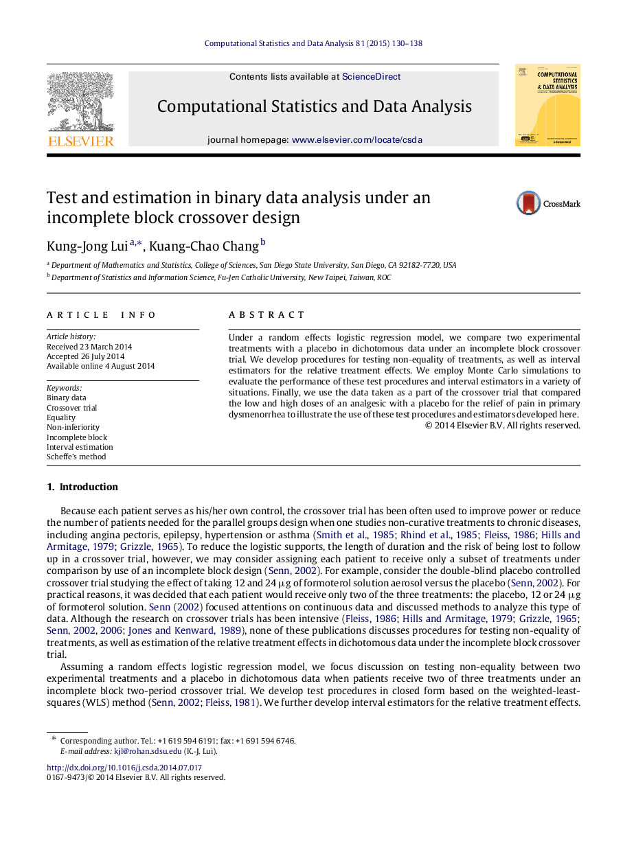 Test and estimation in binary data analysis under an incomplete block crossover design