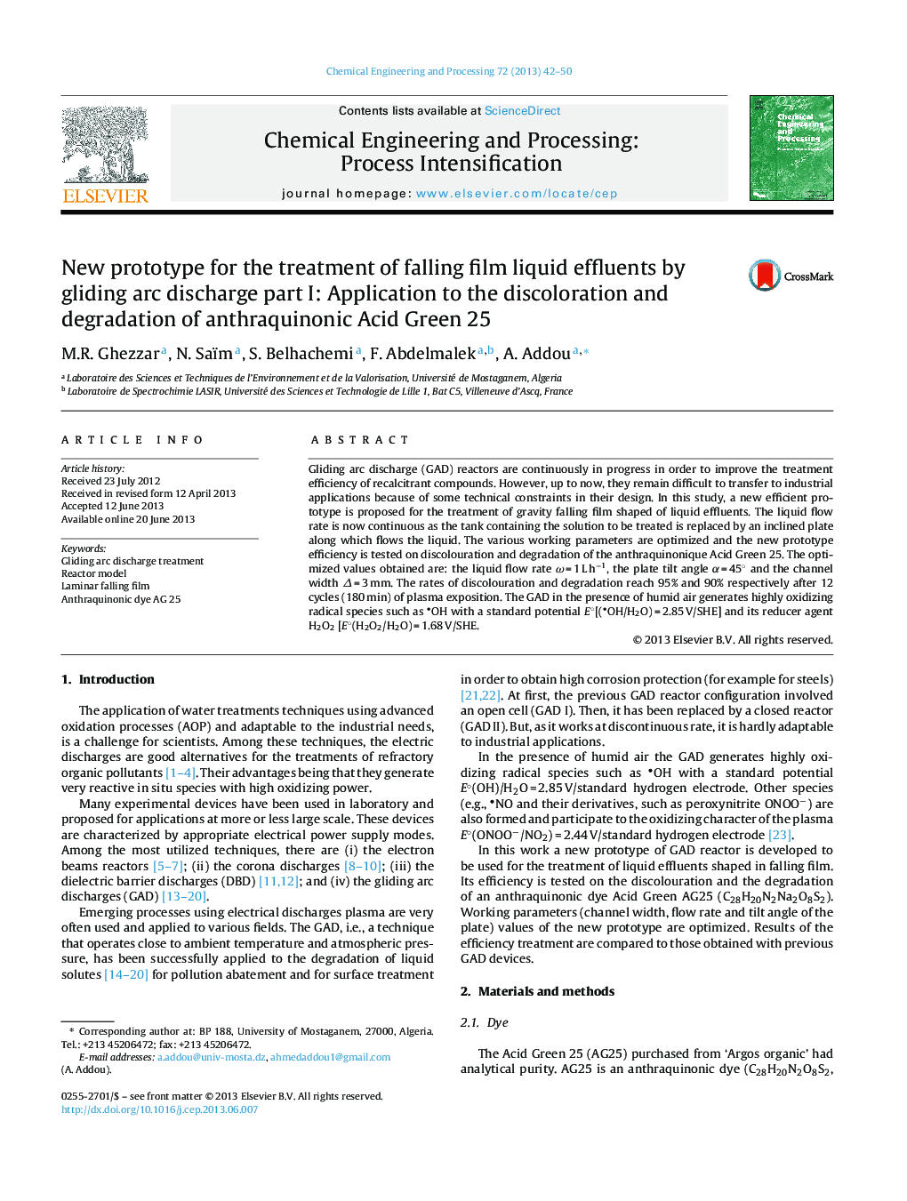 New prototype for the treatment of falling film liquid effluents by gliding arc discharge part I: Application to the discoloration and degradation of anthraquinonic Acid Green 25