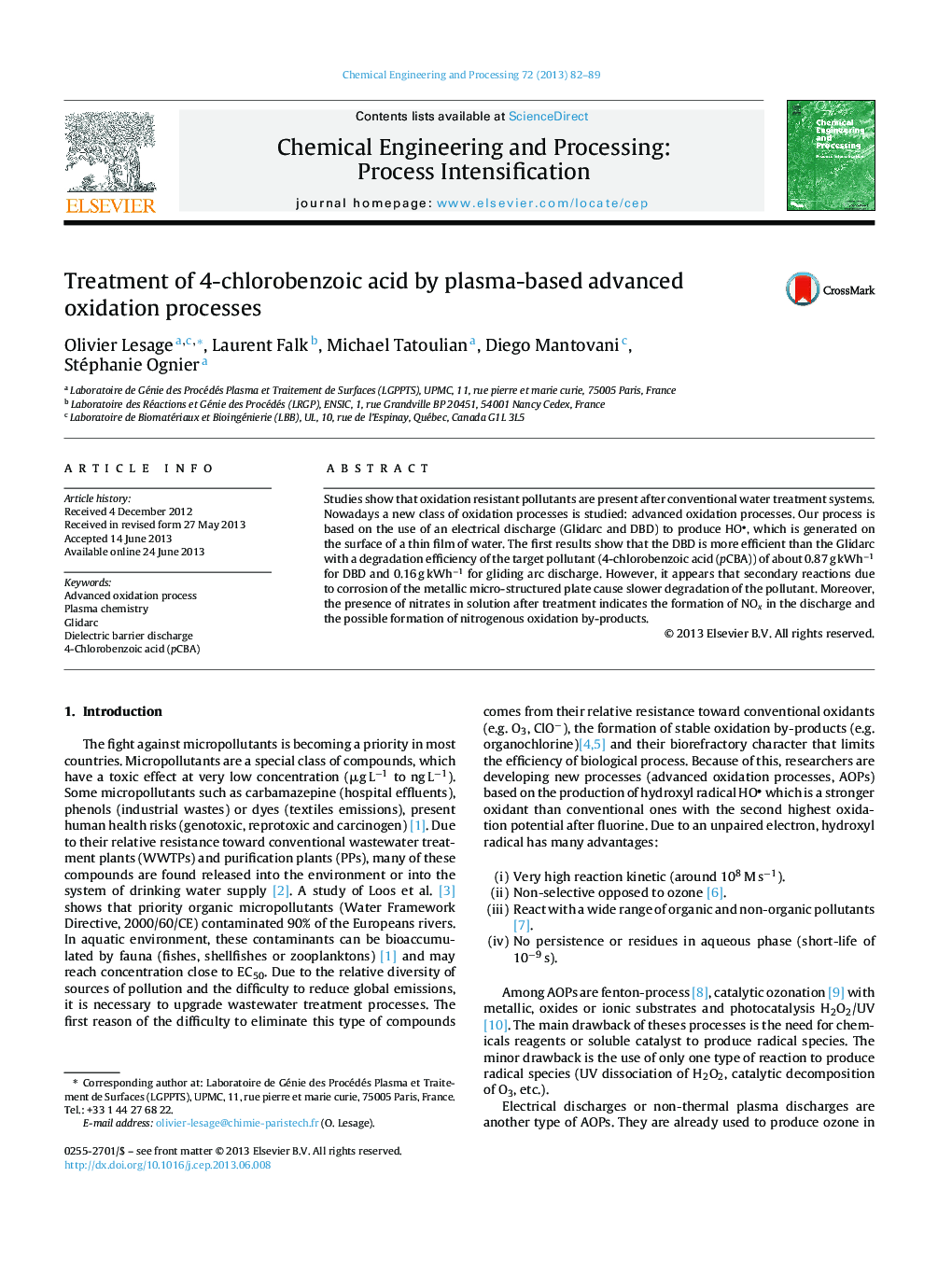 Treatment of 4-chlorobenzoic acid by plasma-based advanced oxidation processes