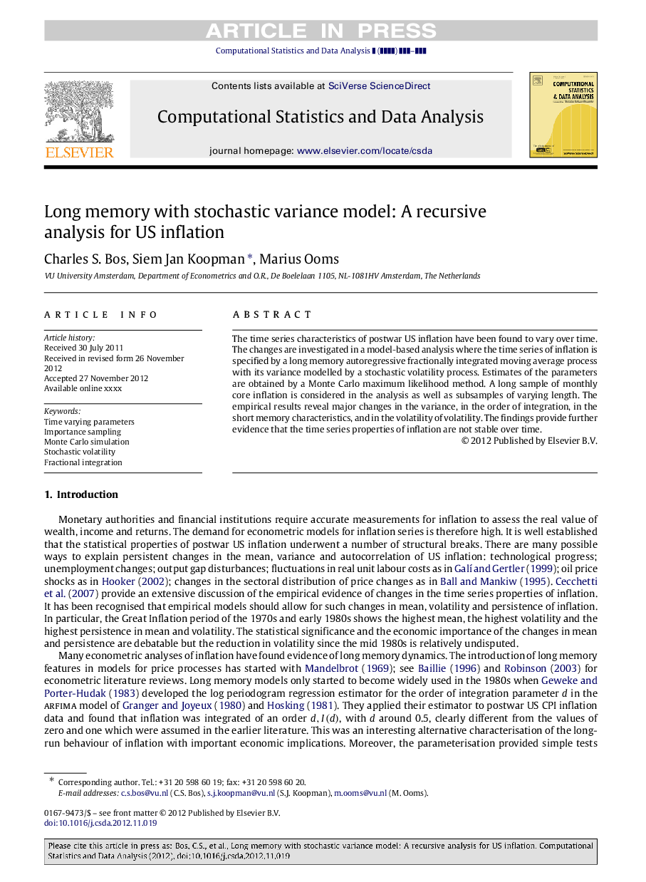 Long memory with stochastic variance model: A recursive analysis for US inflation