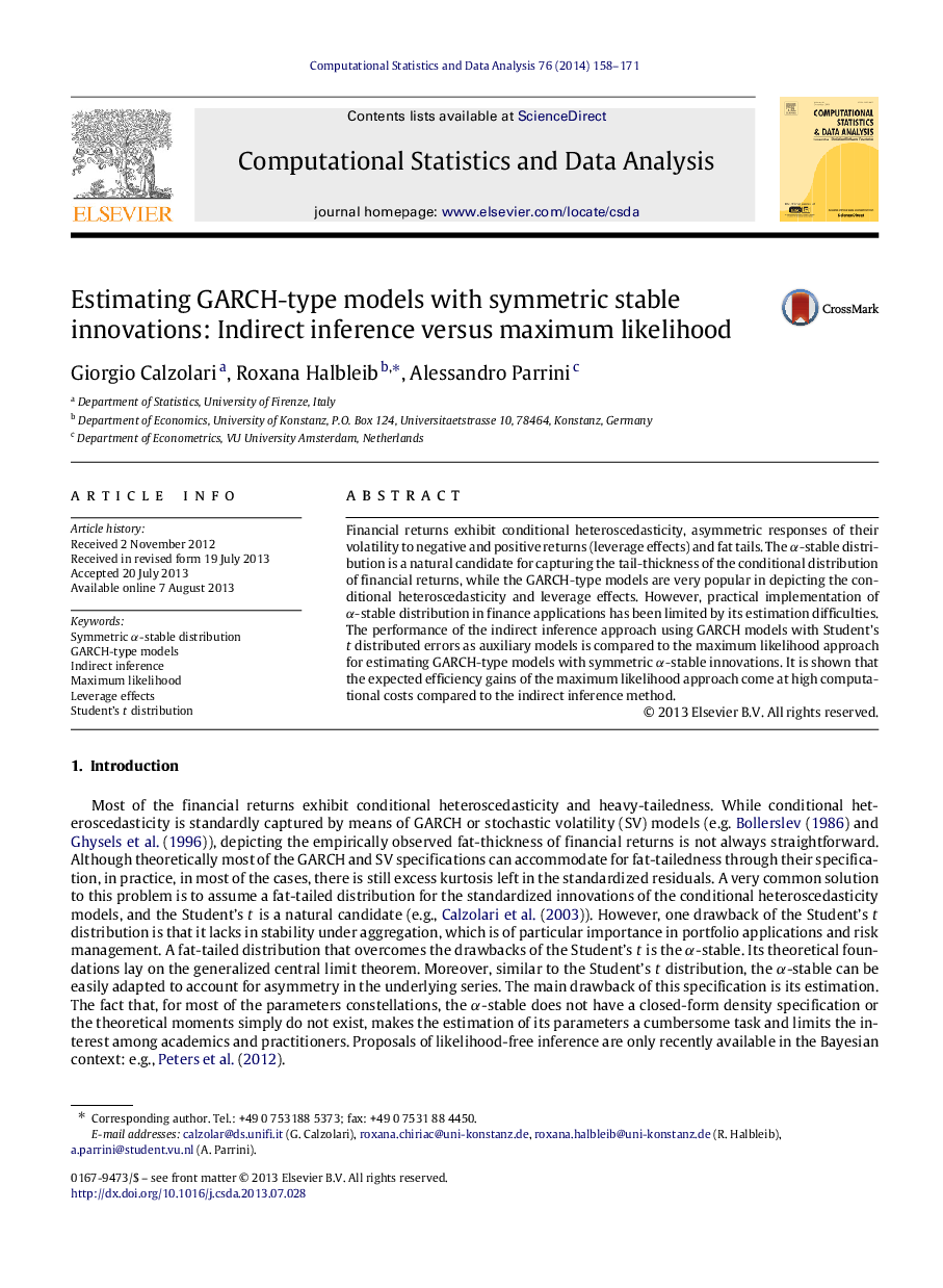 Estimating GARCH-type models with symmetric stable innovations: Indirect inference versus maximum likelihood