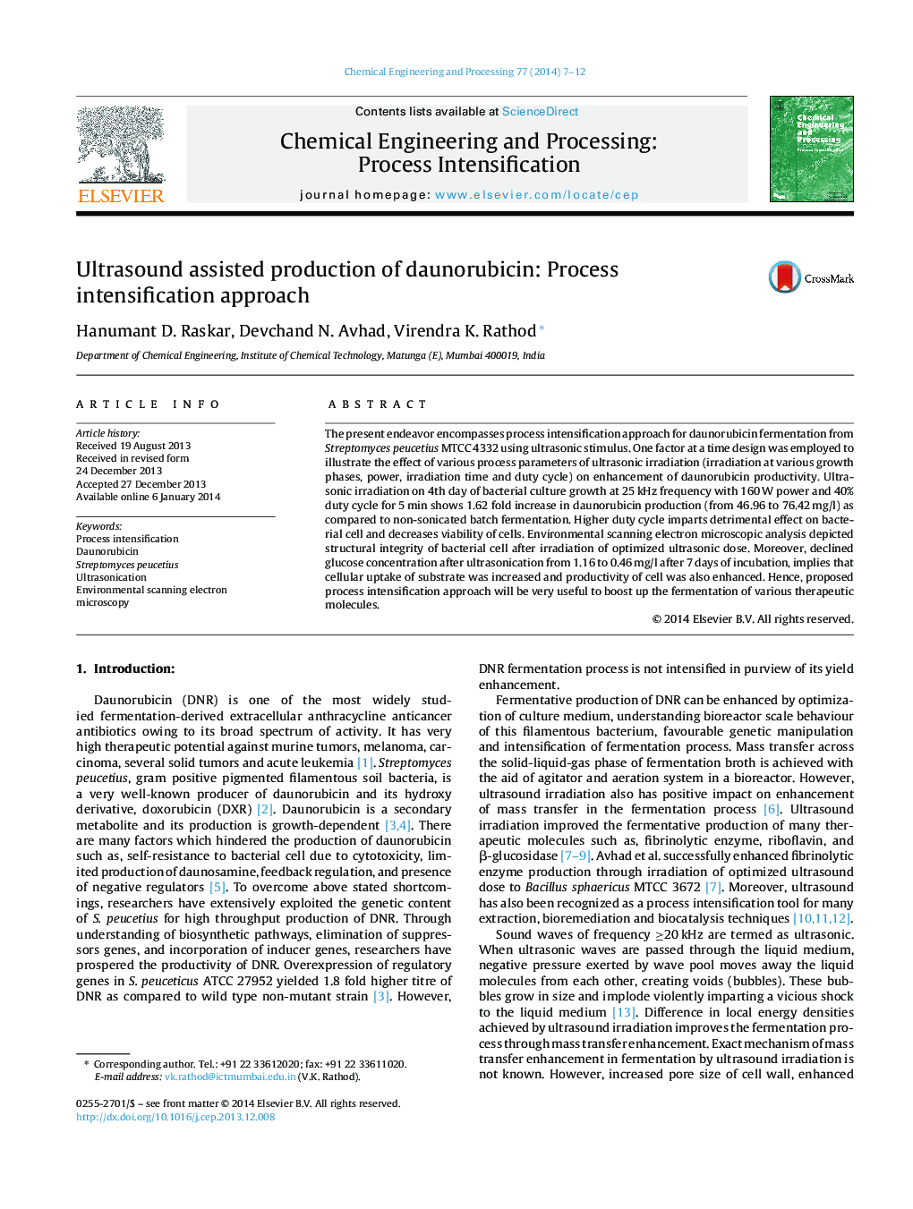 Ultrasound assisted production of daunorubicin: Process intensification approach