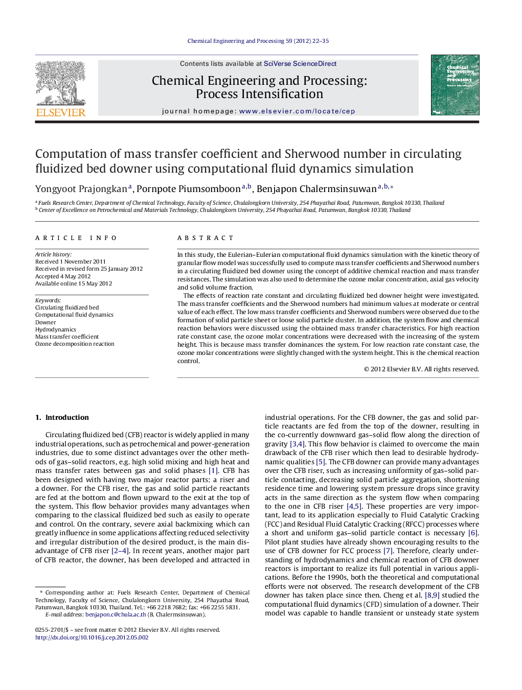 Computation of mass transfer coefficient and Sherwood number in circulating fluidized bed downer using computational fluid dynamics simulation