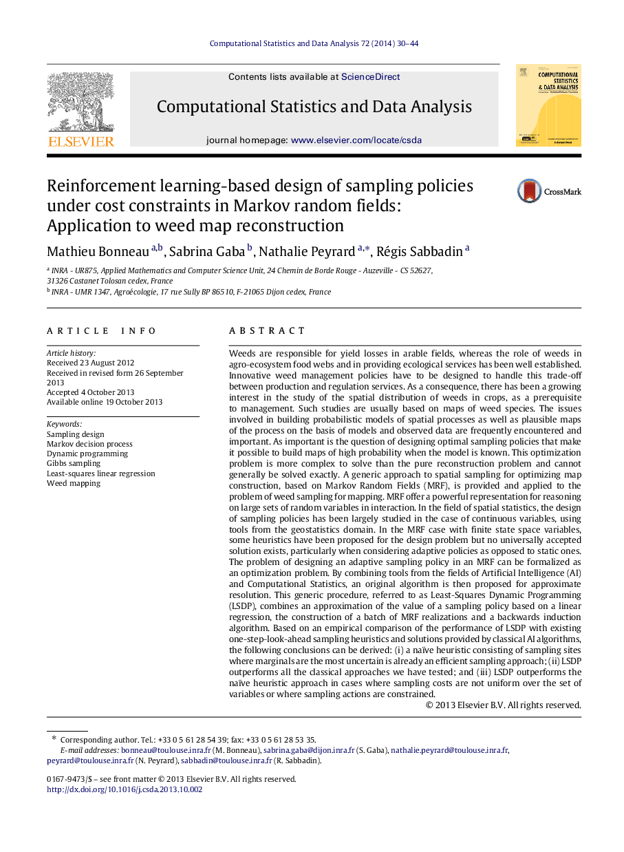 تقویت طراحی یادگیری مبتنی بر سیاست های نمونه گیری تحت محدودیت هزینه در زمینه های تصادفی مارکوف: کاربرد در بازسازی نقشه علف های هرز 