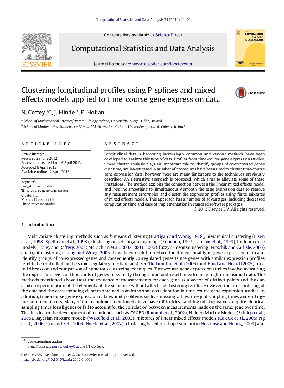 Clustering longitudinal profiles using P-splines and mixed effects models applied to time-course gene expression data