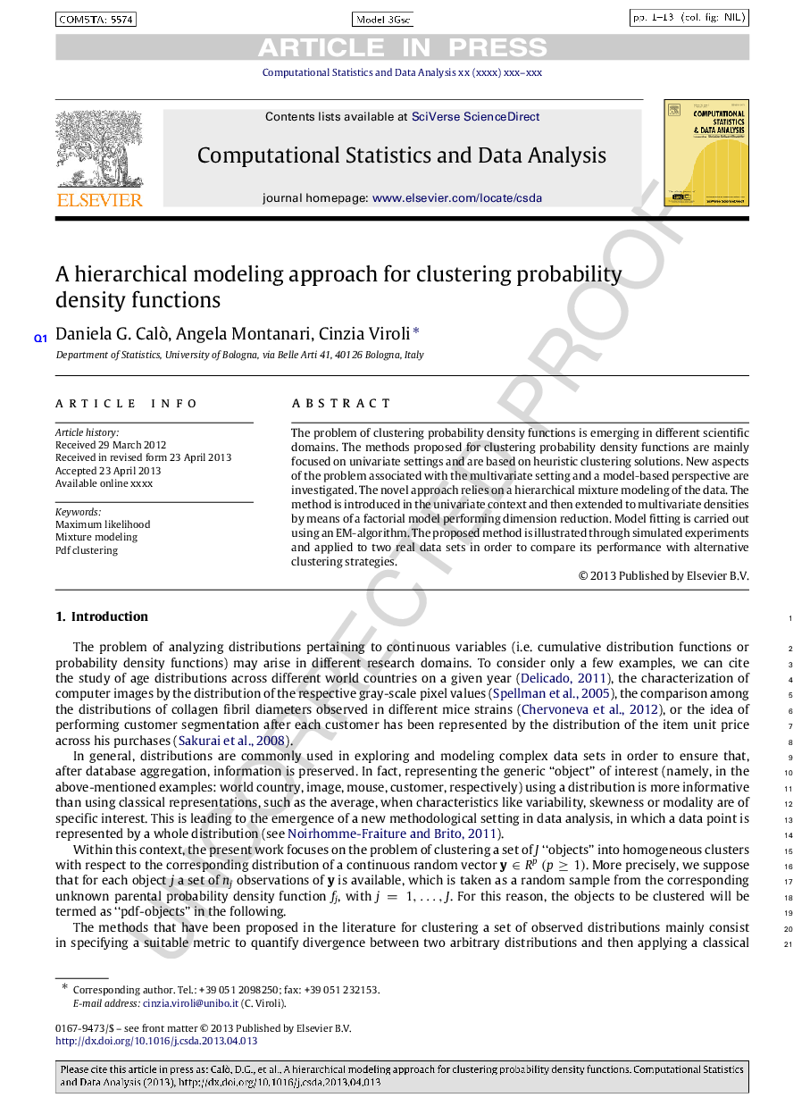 A hierarchical modeling approach for clustering probability density functions